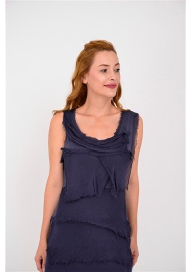 Italyan 2 Beden İnce Gösteren Kat Kat Kolsuz Ipek Elbise-8769 Lacivert