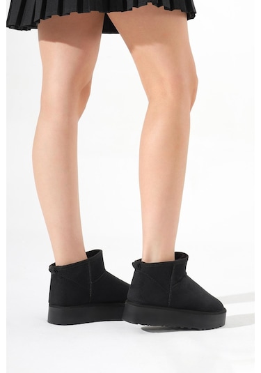 Kalın Poli Taban İçi Kürklü Süet Görünümlü Kadın Siyah Bot Tbmhh005 Siyah