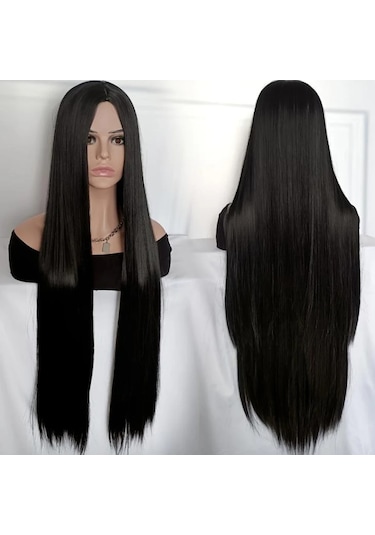 Anime 100cm Sentetik Uzun Düz Siyah Yüksek Sıcaklık Fiber Peruk Çok Renkli
