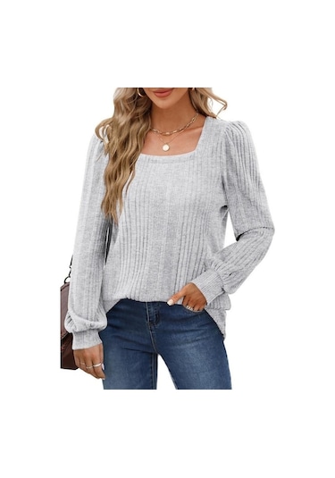 Novahub Gmxıa Kadın Modası Rahat Yaz Düz Renk Baskı Uzun Kollu U Yaka Bluzlar Ve Gömlekler Açık Gri - M Açık Gri