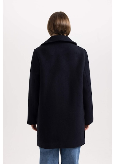 Defacto Regular Kalıp Kruvaze Yaka Düğmeli Cepli Yünlü Hafif Uzun Kaşe Kaban A9899AX23WNNV176 Lacivert