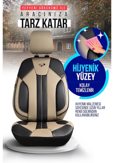 Bej - Siyah Panda Carlone Serisi Ful Deri Oto Koltuk Kılıfı - Tam Set