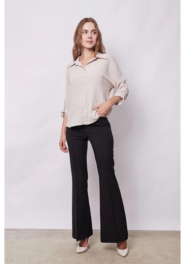 Likrasız Şık Kumaş Yakalı Sırt Dekolteli Uzun Kol Apoletli Gömlek-bej Bej