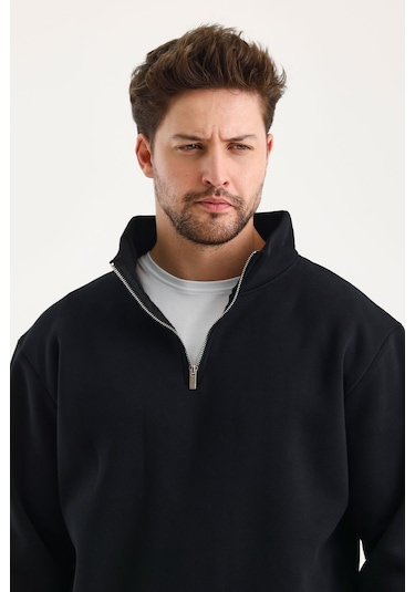Unisex Sweatshirt Rahat Kesim Pamuklu Içi Polarlı Yarım Fermuarlı Dik Yaka Sweatshirt Siyah