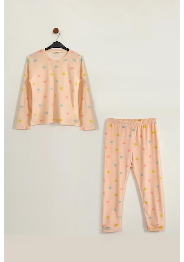 Luess Kız Çocuk Termal Soft Pembe Kalpli Pijama Takımı-Pembe