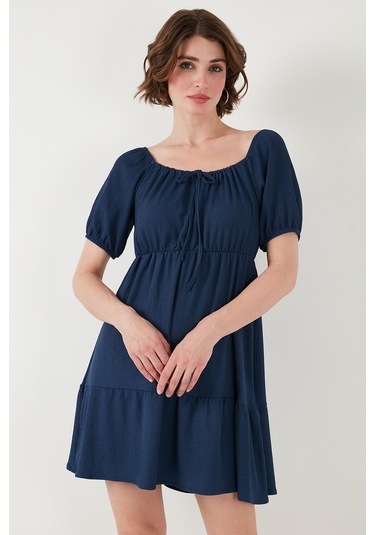 Lela Önü Büzgülü Balon Kollu Mini Bayan Elbise 5869005 Indigo