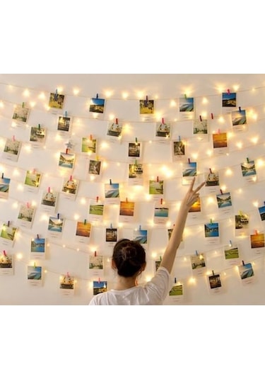 10 Metre Pilli Peri Led Işık 50 Adet Küçük Mandal Fotoğraf Asma Seti