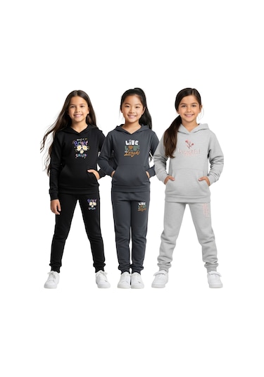 3'lü Kapüşonlu Kanguru Cepli Baskılı Kız Çocuk Eşofman Takımı Çok Renkli