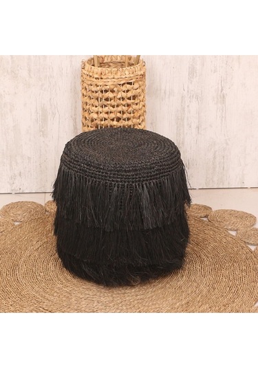 Rafya Saçaklı Siyah Puf 45x48 Cm Siyah