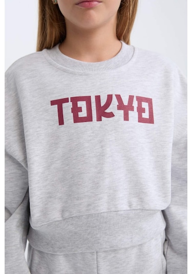 DeFacto Kız Çocuk 2'li Takım Baskılı Sweatshirt Üst Beli Lastikli Jogger Eşofman Altı D4867A824WNGR421 Gri