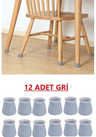 12 Adet Masa Sandalye Ayak Koruyucu Gri Silikon Zemin Koruyucu