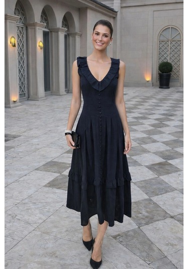 Asprinfashion V Yaka Önü Süs Düğmeli Keten Elbise Siyah