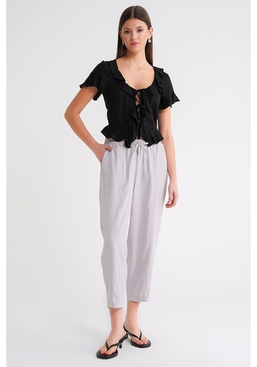 4307 Kadın Beli Lastikli Parçalı Şalvar Pantolon Gri Gri