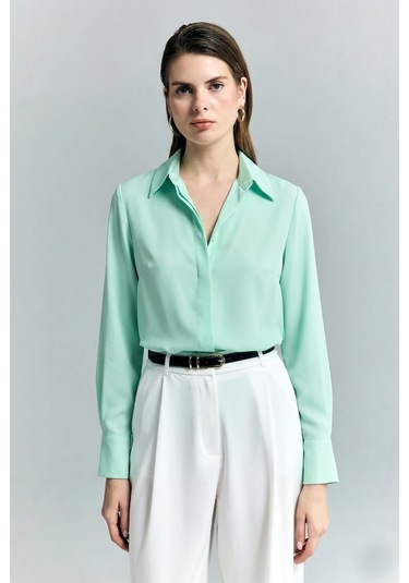 Sateen Klasik Düz Gömlek - Mint-128706
