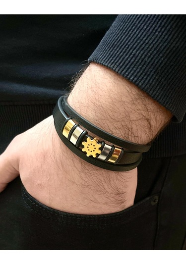 Deri Ve Çelik Mixli Dümen Figürlü 3 Lü Erkek Bileklik 21 Cm Altın - Siyah