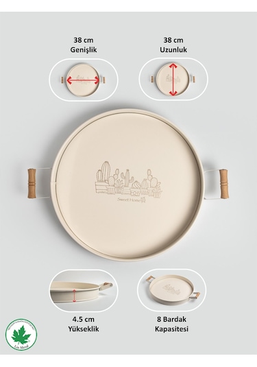Lin Metal 37cm Yuvarlak Tepsi Ahşap Kulplu Kaktüs Baskılı - Krem