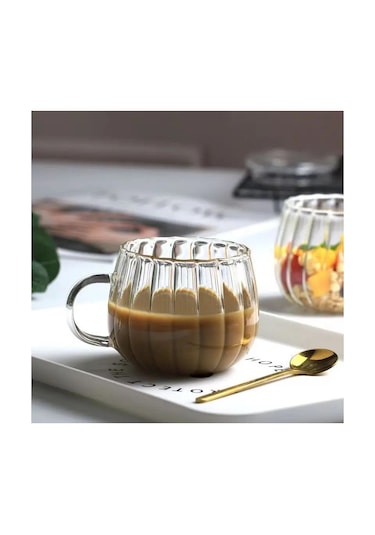 300 Ml Kulplu Çizgili Tombul Modern Cam Bardak-1 Adet