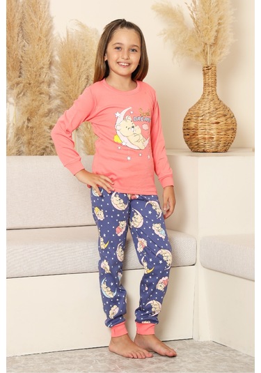 Kız Çocuk %100 Pamuk İnterlok Kumaş Pijama Takımı 6-15 Yaş 12421 Somon Rengi
