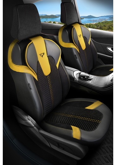 Siyah - Sarı Garni Panda Monte Carlo Serisi Velor Kadife Kumaş Oto Koltuk Kılıfı - Tam Set