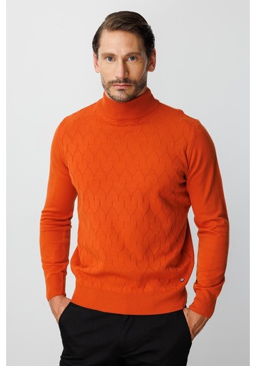 Turuncu Standart Fit Dar Kalıp Yarım Balıkçı Düz Uzun Kollu Triko-10096 Turuncu