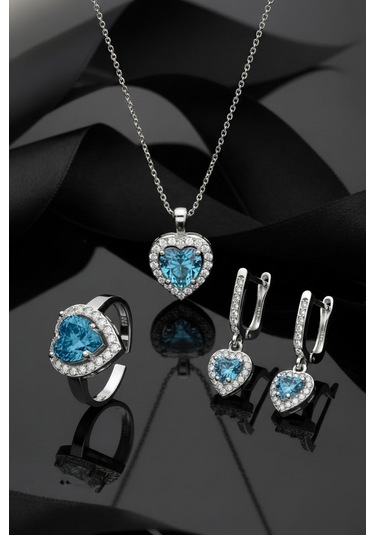 925 Ayar Akuamarin Taşlı Rodyum Pırlanta Işıltılı Kalp 3'lü Gümüş Set-takım Ayarlanabilir Gümüş