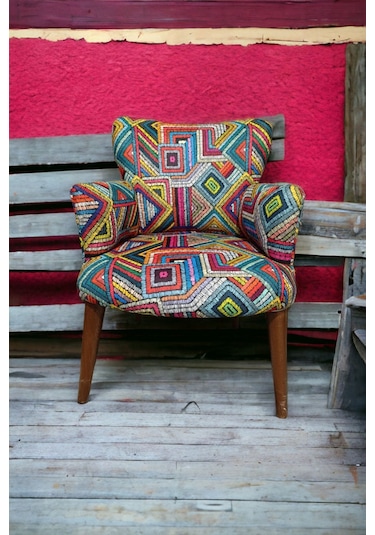 Argün Home Berjer - Tekli Koltuk - Ceviz Ayak- Oturma Grubu Kırmızı- Mavi Yeşil Desenli Kumaş