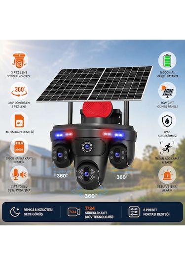 Hm-878 3 Lens 3ptz 4g Sim Kartlı 2 Güneş Panelli Kamera