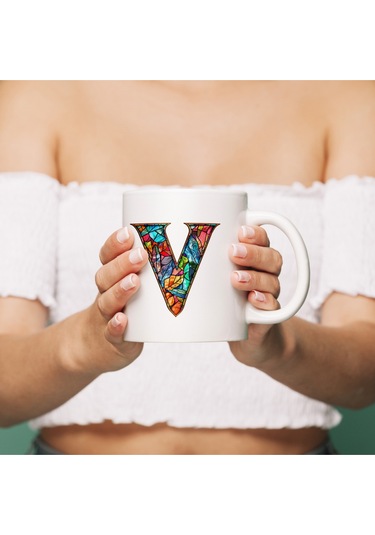 V Harfi Bardak 330 Ml İsme/harfe Özel Hediye, Renkli Harf Tasarım Beyaz