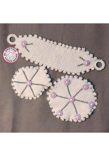 Uretti - Kenan 2196 - 0895 El Örgüsü Eflatun Çiçek Motifli Beyaz 3'lü Lif Seti