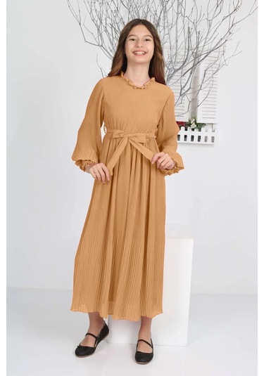 Kız Çocuk Uzun Boydan Pliseli Şifon Elbise Açık Kahve