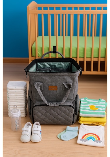 Newfull Anne Bebek Bakım Sırt Çantası Biberon Termos Gözlü-gri Gri