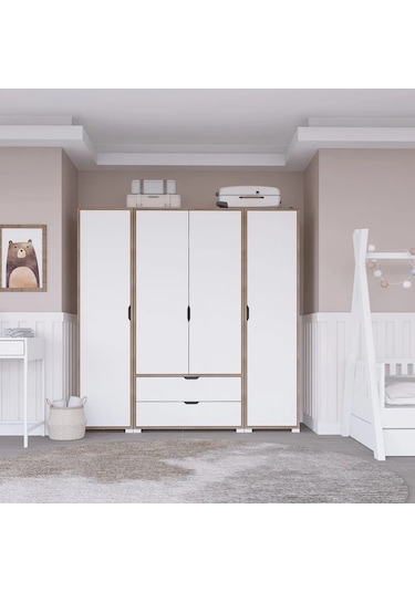 Nisan Açık Ceviz-beyaz 4 Kapılı 2 Çekmeceli Elbise Dolabı - Gardırop Seti Açık Ceviz & Beyaz