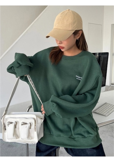 Kadın Nefti Yeşil Staggertly Baskılı Bisiklet Yaka Sweatshirt Nefti Yeşili