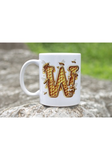 W Harfi Bal Arısı Tasarım Kupa Bardak - Bal Ve Petek Desenli Kişiye Özel Kahve Kupası - Hediyelik Beyaz