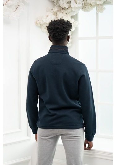 San&Fa Regular Fit Biyeli Fermuarlı Dik Yaka Armürlü Pamuklu Sweatshirt Lacivert