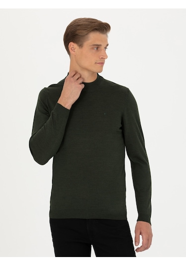 Cacharel Haki Slim Fit Çeyrek Balıkçı Yaka Triko Kazak Yesıl
