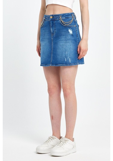 Explode - Kadın Mavi Likralı Yıpratmalı Mini Kot Etek-mavi Mavi