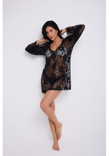 Kolları Volanlı Elbise Siyah