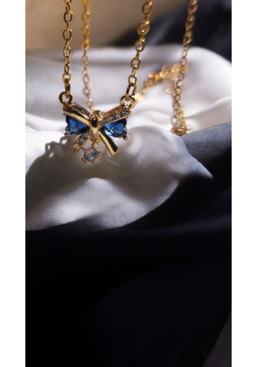Mavi Taşlı Altın Renk Papyon Figürlü Kolye Zarif Ve Şık Kadın T