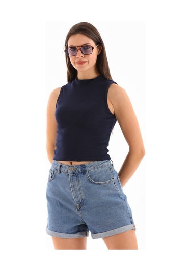 Kadın Likralı Kolsuz Crop Bluz Lacivert