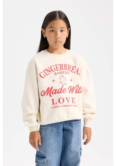 DeFacto Kız Çocuk Relax Fit Bisiklet Yaka Baskılı Sweatshirt D7058A824WNER99 Ekru
