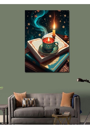 Kanvas Tablo Işıklı Kitap Ve Mum 100cmx140cm