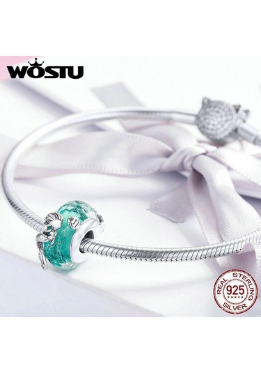 Wostu 925 Ayar Gümüş Denizkızı Murano Cam Boncuk Yeşil Kristal Fit Orijinal Bileklik Gümüş