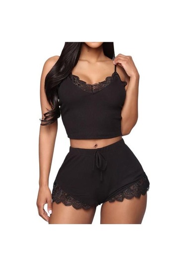 Siyah Kadın Gecelik Seti Kırpma Üst Nefes Bel-açık Kolsuz Bayan Gece Giysileri Uyku İçin Siyah