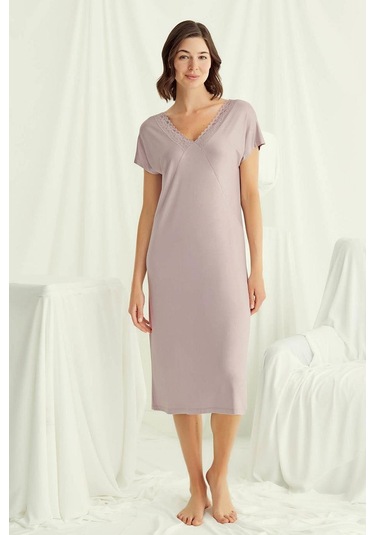 Monamise 18504 Kadın V Yaka Kısa Kollu Gecelik-vizon Vizon