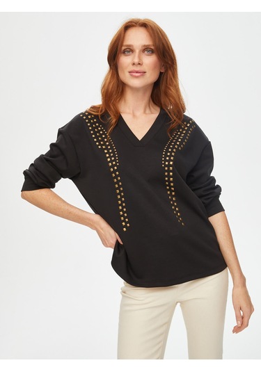 Önü Trok Taşlı V Yaka Sweatshirt 69509 U6950910 Siyah