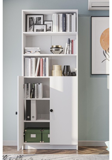 Bili Kitaplık 5 Raflı 2 Kapaklı Çok Amaçlı Ofis Salon Kitap Dosya Rafı Beyaz Beyaz
