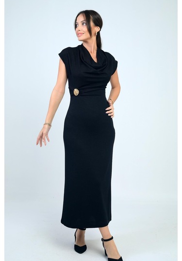 Kadın Degaje Yakalı Toka Detaylı Likralı Uzun Elbise-41755 Siyah