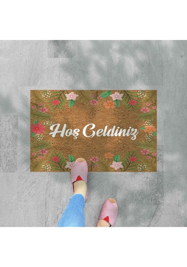 Modern Dijital Paspas - Hoşgeldiniz Karşılama Paspas - Kapı Önü Dekoratif Paspas Bej - Kahverengi