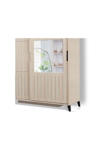 Pasifichome Huga Sürgülü Gardırop Meşe 190Cm / 2 Kapaklı Çekmeceli Dolap